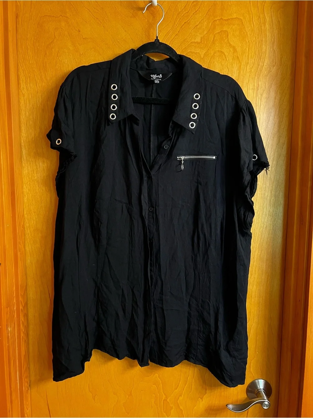 Hell Bunny Black Short-Sleeve Button-Down Shirt with Silver Grommets